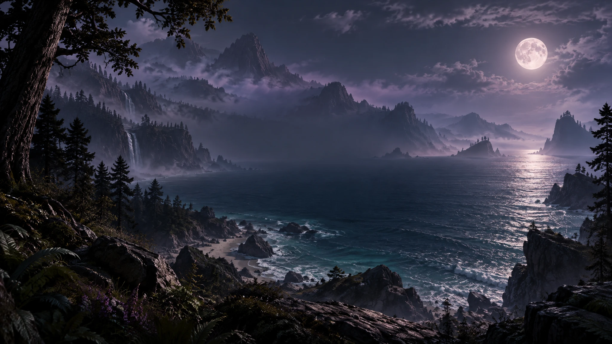La forêt et la côte de l'île sous la lune, face à la mer.