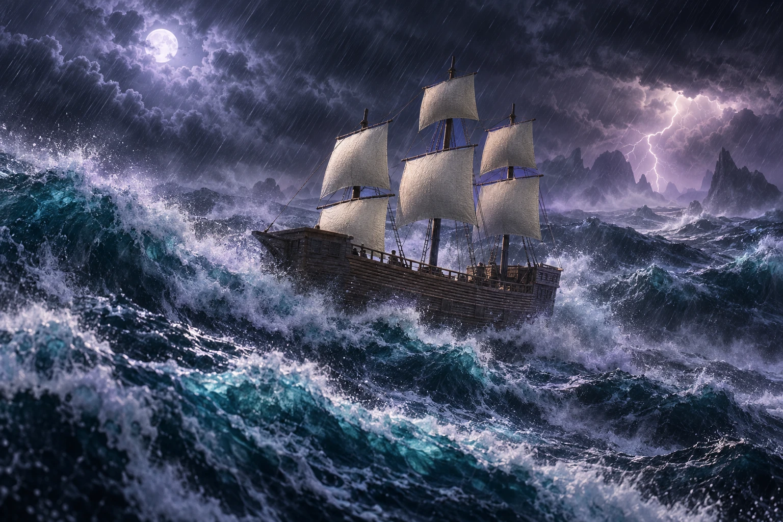 Le navire du naufrage au milieu des vagues et des éclairs.