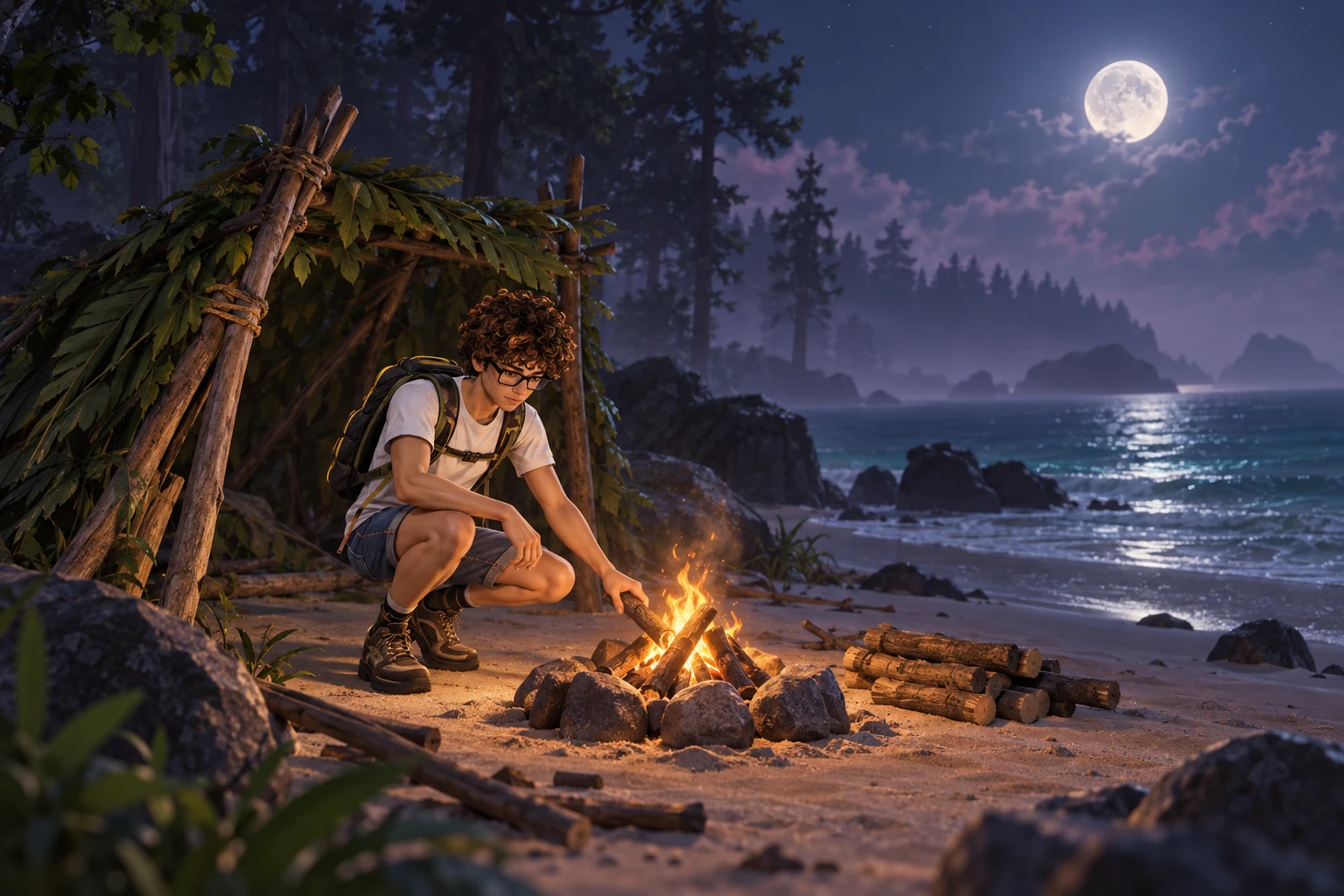 Tim s'installe près de son abri et de son feu sur une plage éclairée par la lune.