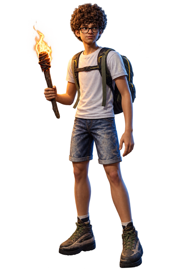 Tim en entier, avec ses lunettes, son haut blanc, son short en jean, son sac et une torche.